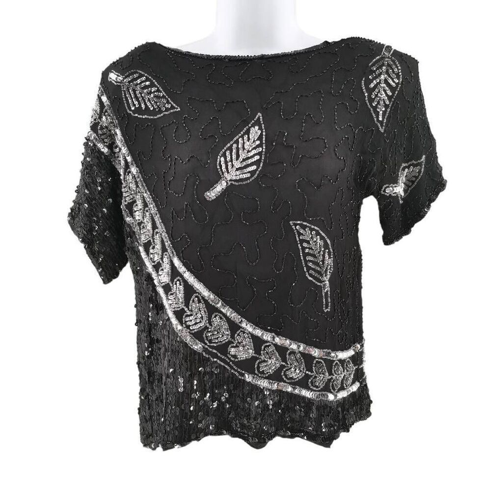 Vintage Black Silk Top Hand Embellished in Black & Silver Beads/Sequins